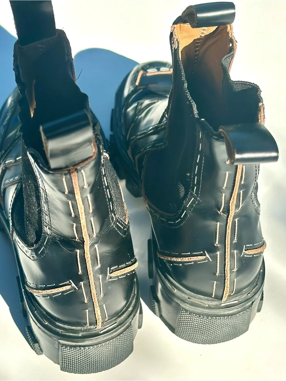 Balenciaga Stapled Leather Black Chelsea Lug Boots Exposed Stitching, 7